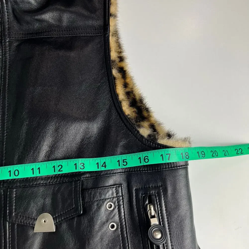 Jamie Sadock Black Leather and Leopard Faux Fur Reversible Zip up Vest Medium - Picture 7 of 16